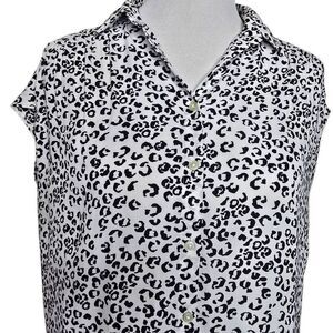 LOFT Leopard Print Sleeveless Button Down Blouse White Black Shirt Size S